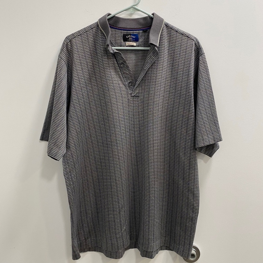 Callaway Polo Shirt Men XL Grey Blue Stripe Mercerized 100% Cotton Made in Italy